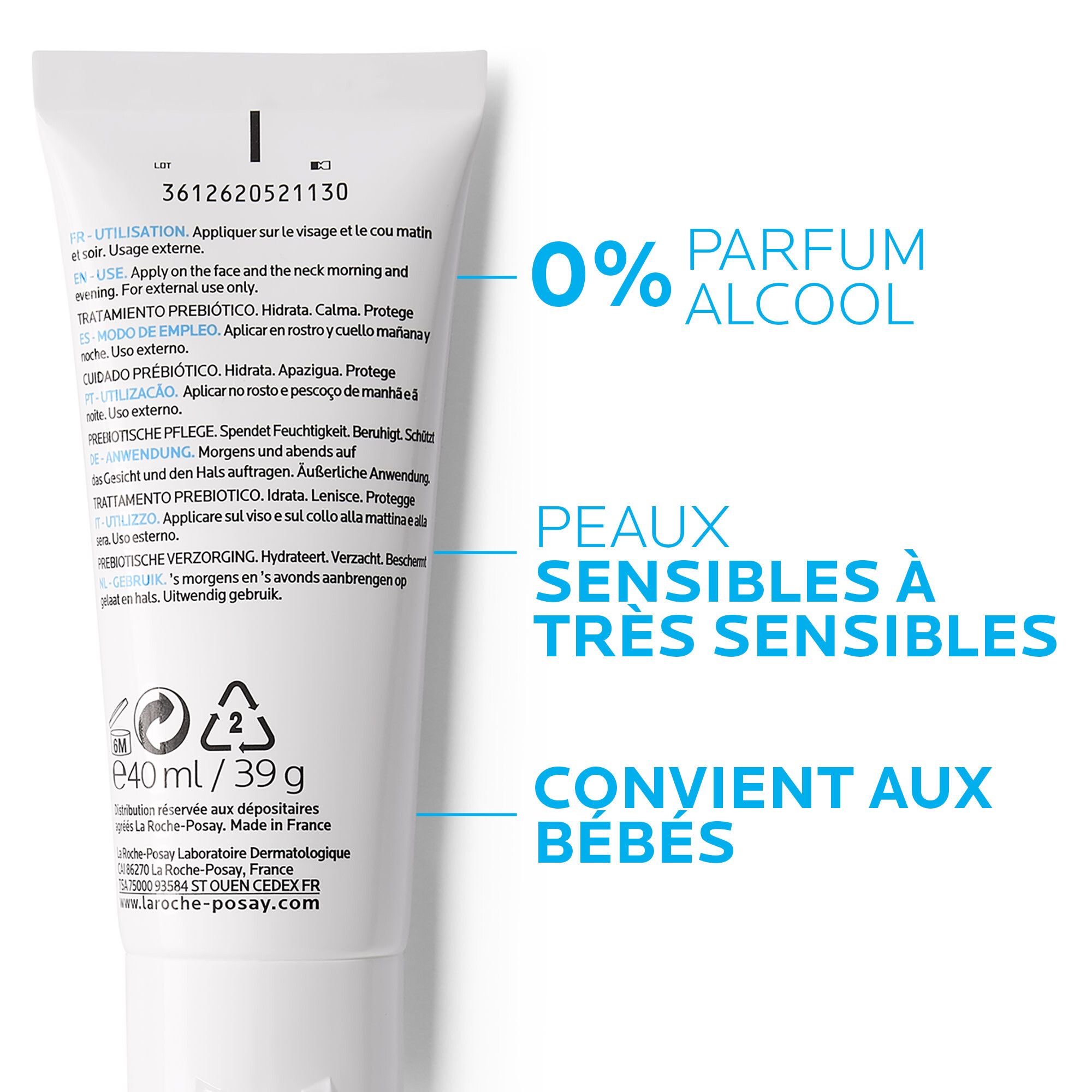 Tube de crème blanche. Texte: 0% PARFUM ALCOOL, PEAUX SENSIBLES À TRES SENSIBLES, CONVIENT AUX BÉBÉS.