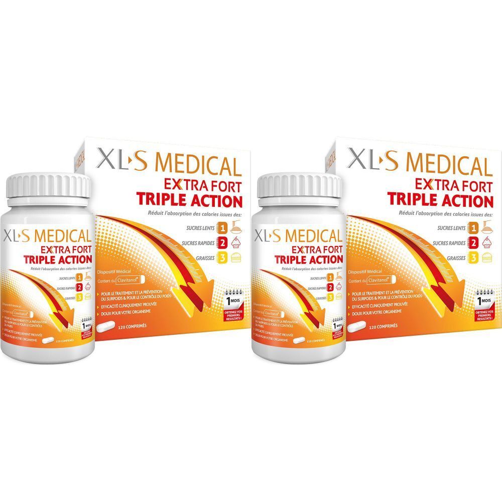 Deux flacons de pilules blanches et deux boîtes avec l'inscription "XL-S MEDICAL EXTRA FORT TRIPLE ACTION".