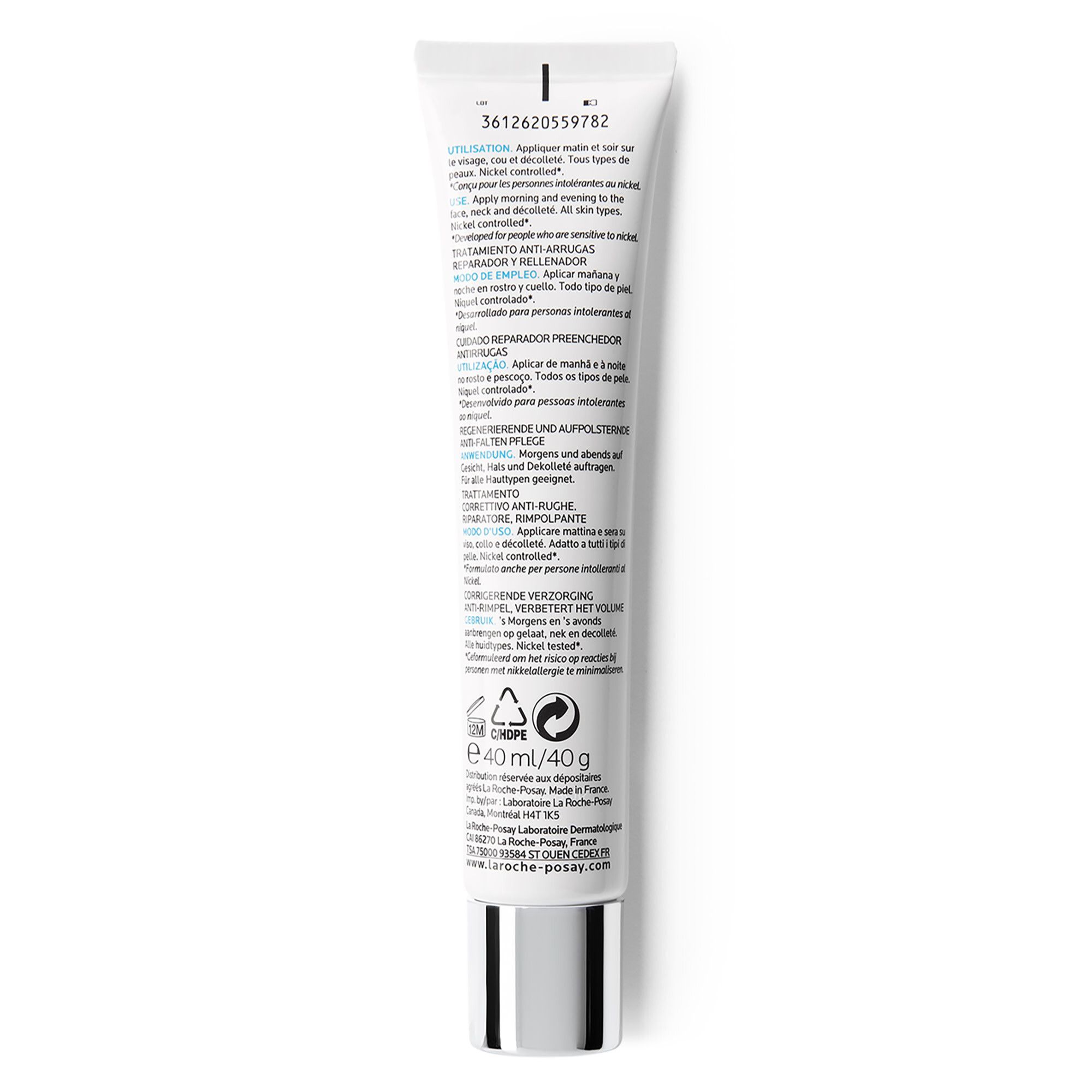 Dos d'un tube LA ROCHE-POSAY HYALU B5. Contient du texte en plusieurs langues. Informations sur l'utilisation et les ingrédients.