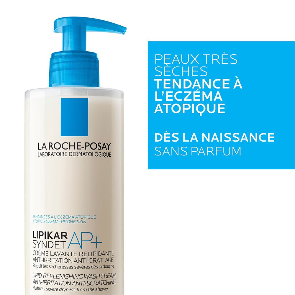 LA ROCHE-POSAY LIPIKAR Syndet AP+ Crème Lavante Relipidante avec texte et étiquette bleue.
