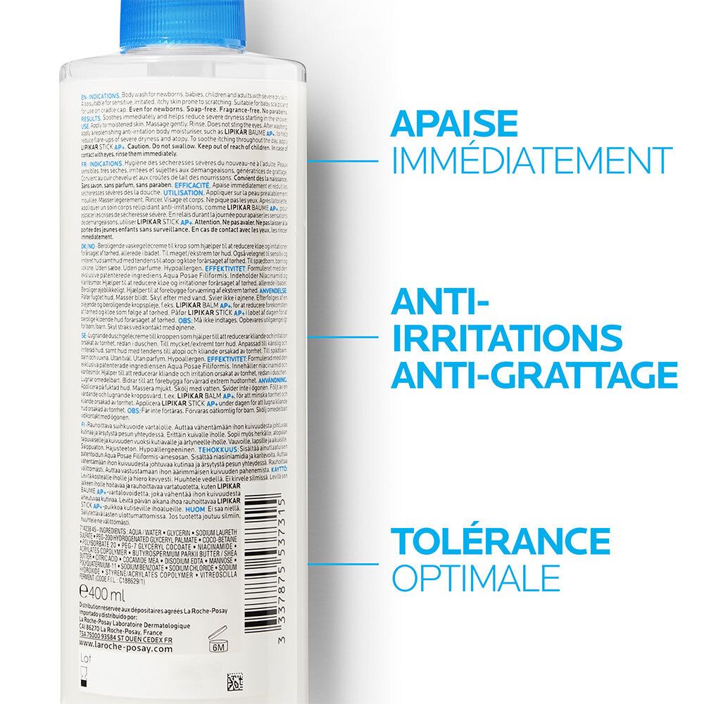 Extraits de texte sur fond bleu : Apaise immédiatement, anti-irritations, tolérance optimale.