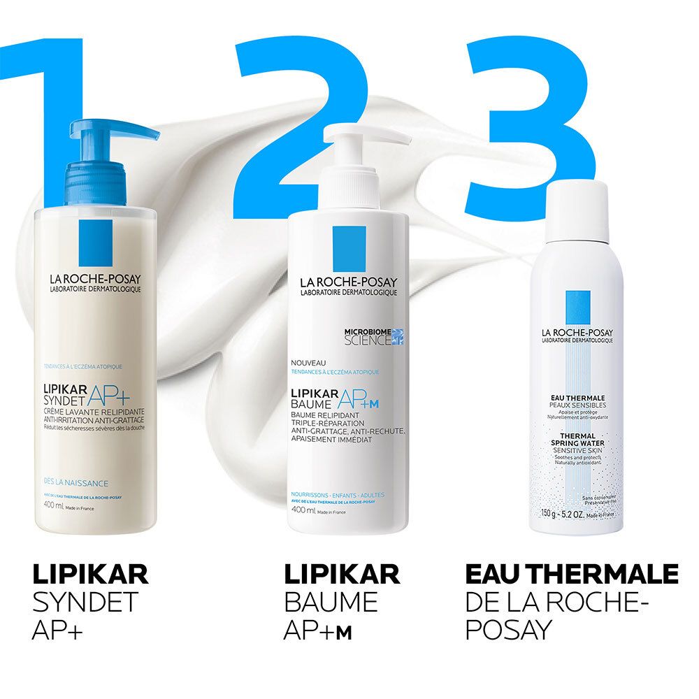 Trois produits LA ROCHE-POSAY : LIPIKAR Syndet AP+, LIPIKAR Baume AP+M, Eau Thermale.