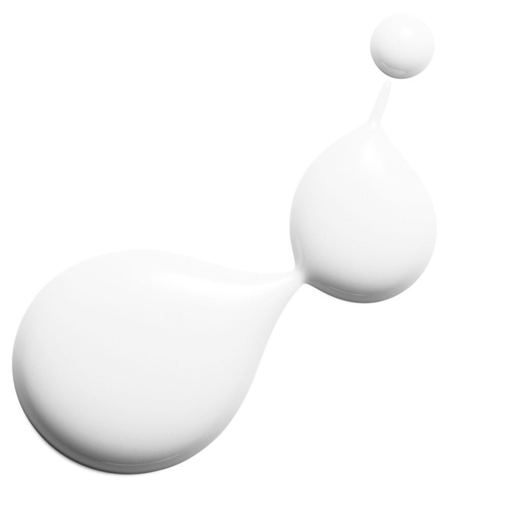 Produit blanc en forme de goutte, relié à une goutte plus petite.