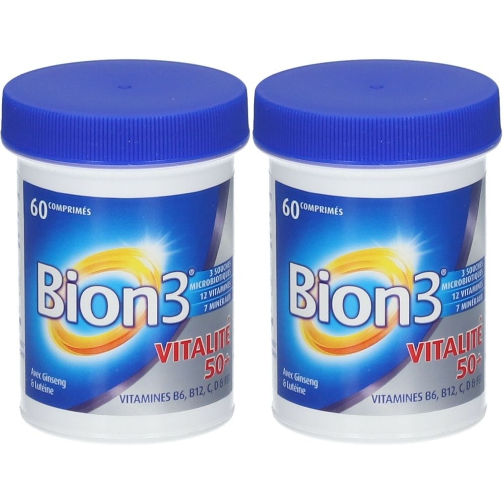 Deux flacons blancs avec couvercles bleus. Inscription: Bion3 Vitalité 50+. Contient 60 comprimés. Avec vitamines et minéraux.