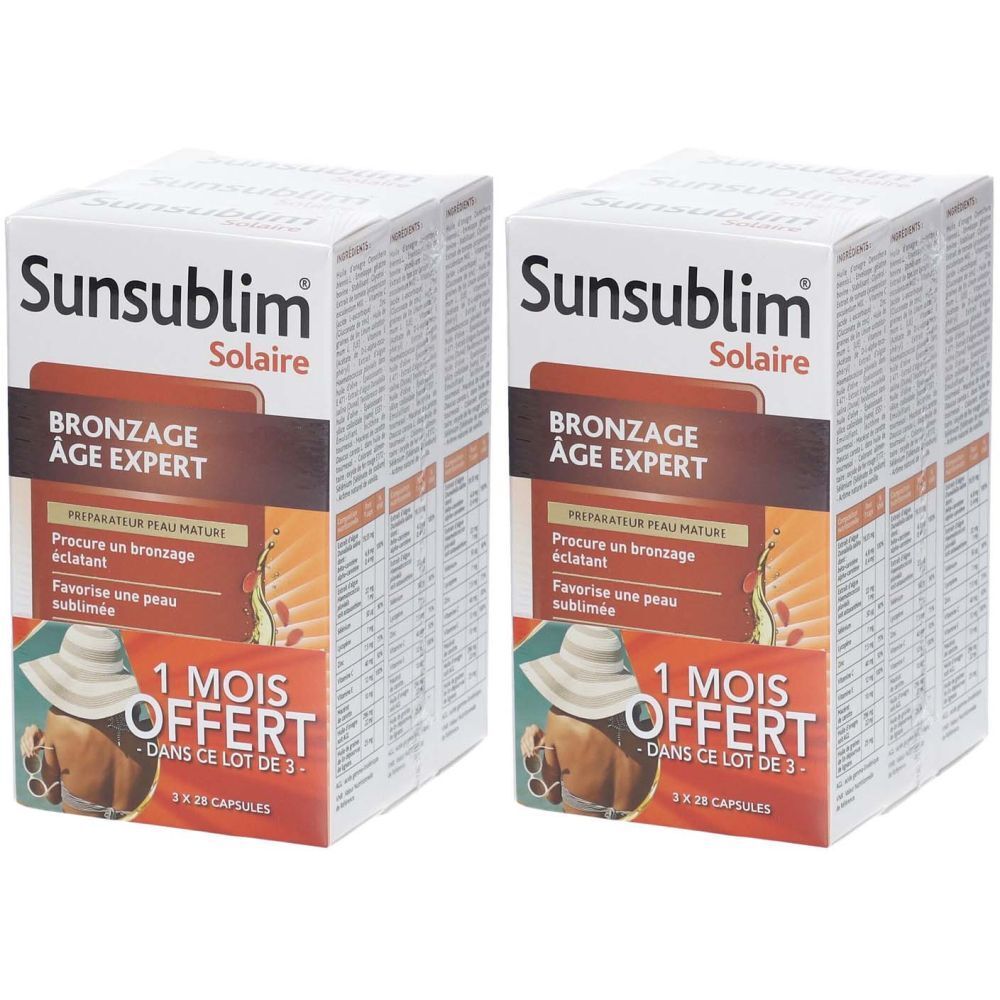 Deux boîtes de Sunsublim Solaire Bronzage Âge Expert. Inscription : 1 mois offert. Contient 28 capsules. Illustration d'une femme avec un chapeau.