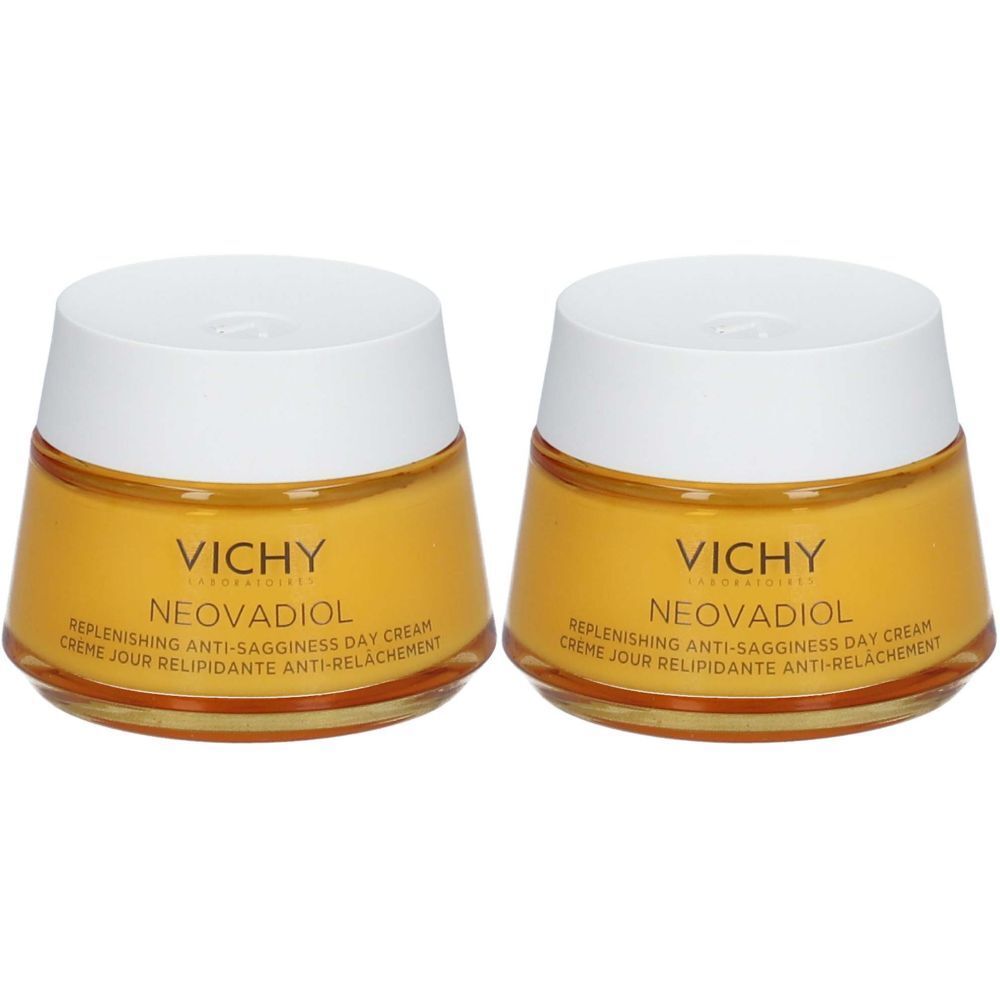 Deux pots de crème avec couvercles blancs. Inscription: VICHY NEOVADIOL, Crème jour relipidante anti-relâchement.