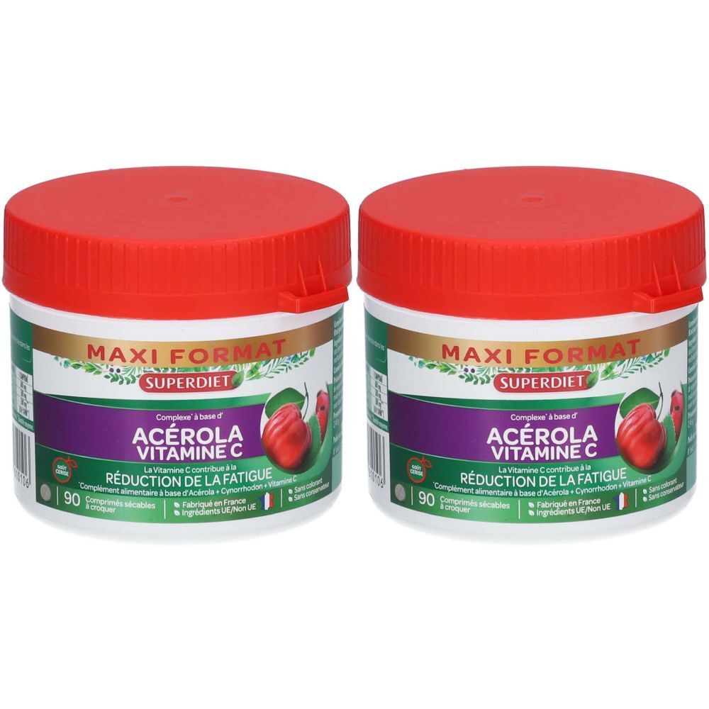 Zwei runde Dosen mit rotem Deckel. Aufschrift: Maxi Format, Superdiet, Acerola Vitamine C. Reduzierung der Müdigkeit. 90 Tabletten.