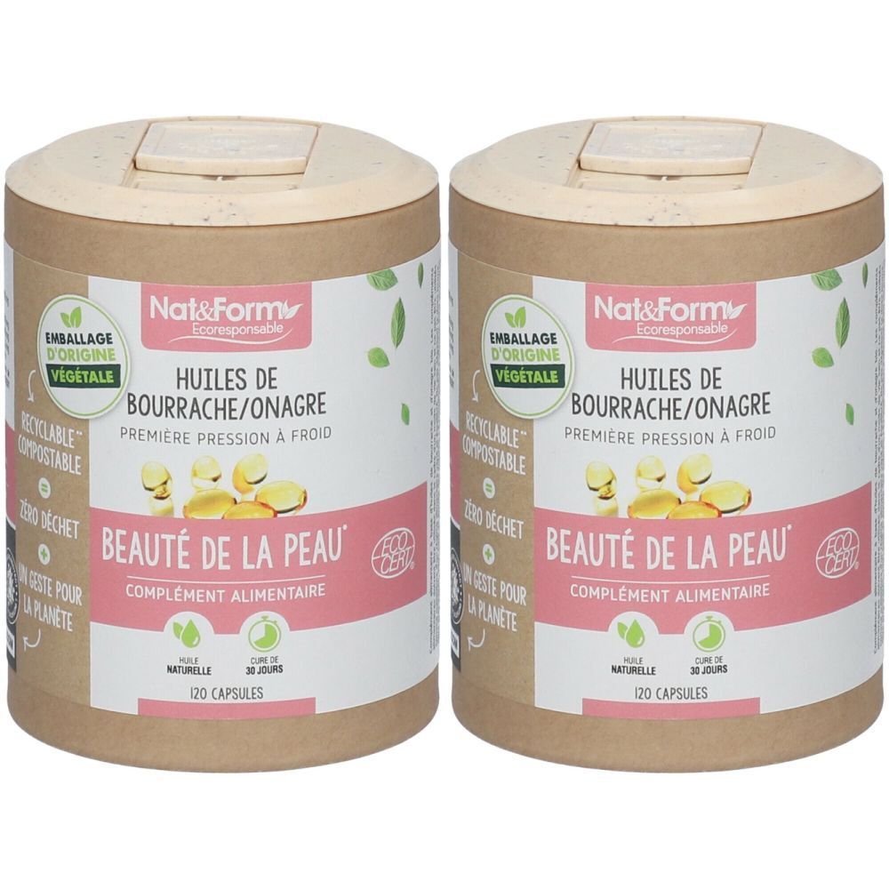Deux boîtes cylindriques avec couvercle. Inscription : Nat & Form, Huiles de Bourrache/Onagre, Beauté de la Peau, 120 capsules. Logo Ecocert.
