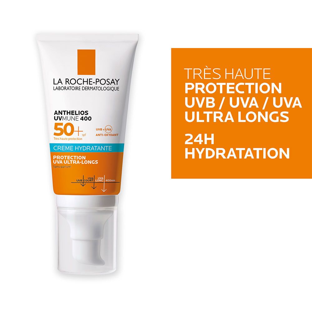 Tube de crème solaire. Texte: ANTHELIOS UV MUNE 400 50+ CREME HYDRATANTE. Texte: TRÈS HAUTE PROTECTION UVB/UVA/UVA ULTRA LONGS.