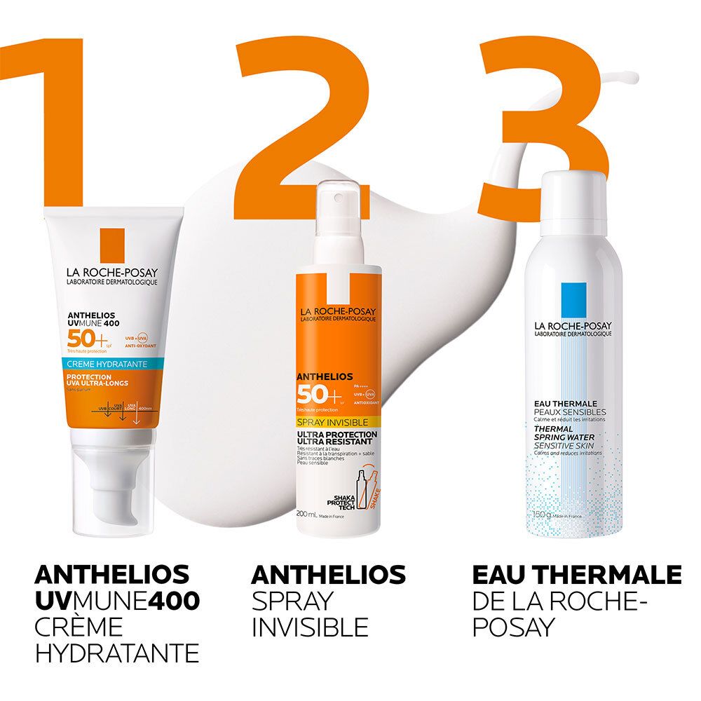 Trois produits: crème solaire, spray et eau thermale. Inscriptions: ANTHELIOS UV MUNE, SPRAY INVISIBLE, EAU THERMALE DE LA ROCHE-POSAY.