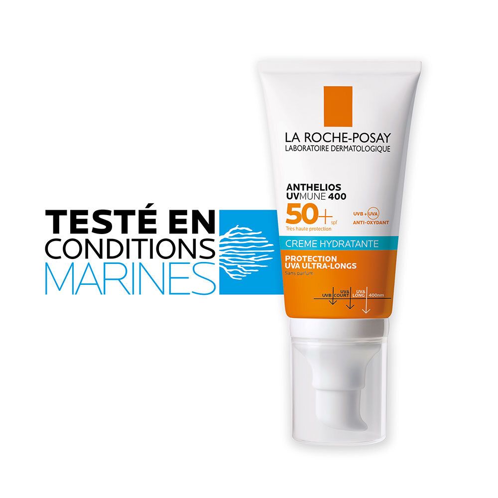 Tube de crème solaire. Texte: ANTHELIOS UV MUNE 400 50+ CREME HYDRATANTE. Logo: TESTÉ EN CONDITIONS MARINES.