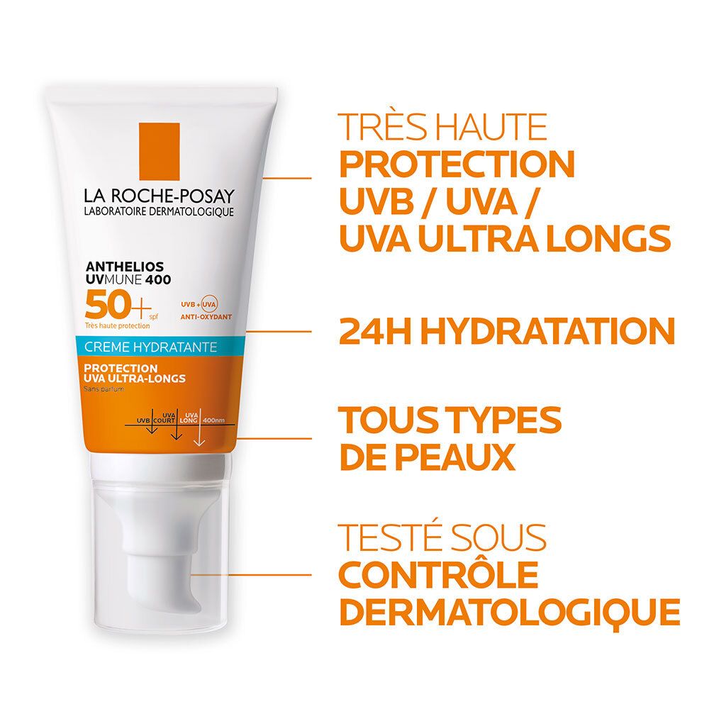 Tube de crème solaire. Texte: ANTHELIOS UV MUNE 400 50+ CREME HYDRATANTE. Texte: TRÈS HAUTE PROTECTION, TOUS TYPES DE PEAUX.