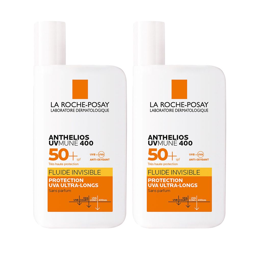Deux flacons de LA ROCHE-POSAY ANTHELIOS UV MUNE 400 SPF50+ Fluide Invisible. Flacons blancs avec accents orange et texte.