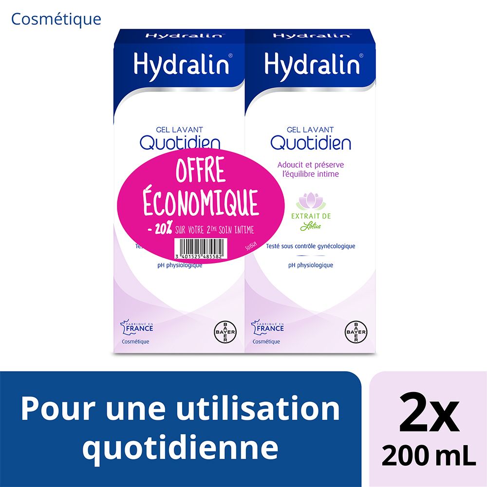Deux boîtes de gel lavant intime. Inscription : "OFFRE ÉCONOMIQUE -20%" et "EXTRAIT DE LOTUS". 2x200 ml.
