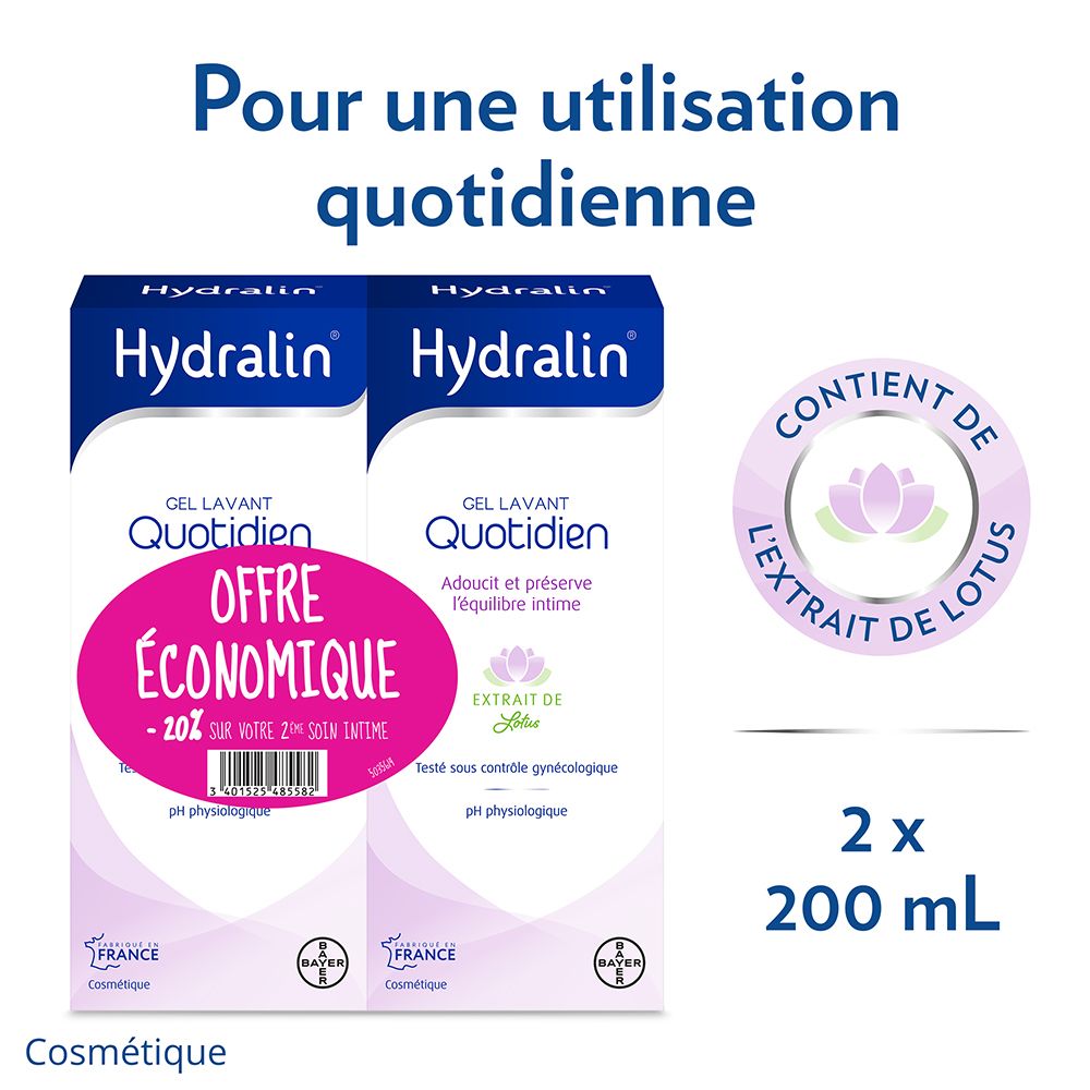 Deux boîtes de gel lavant intime. Inscription : "OFFRE ÉCONOMIQUE -20%" et "EXTRAIT DE LOTUS". 2x200 ml.