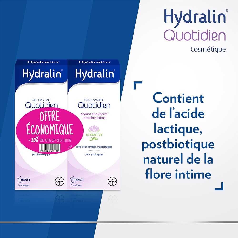 Deux boîtes de gel lavant intime. Contient de l'acide lactique, postbiotique, naturel de la flore intime.