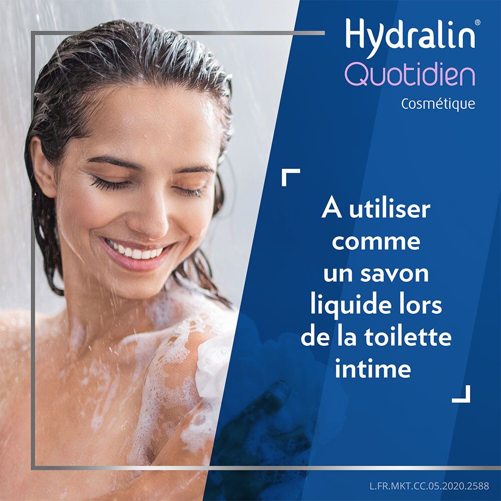 Femme sous la douche. Texte : "A utiliser comme un savon liquide lors de la toilette intime".