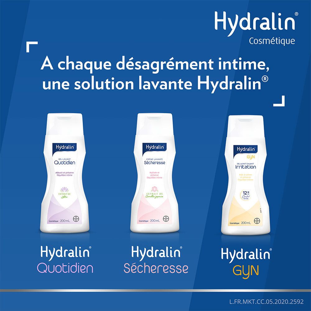 Trois flacons de gel intime. Texte : "A chaque désagrément intime, une solution lavante Hydralin®".