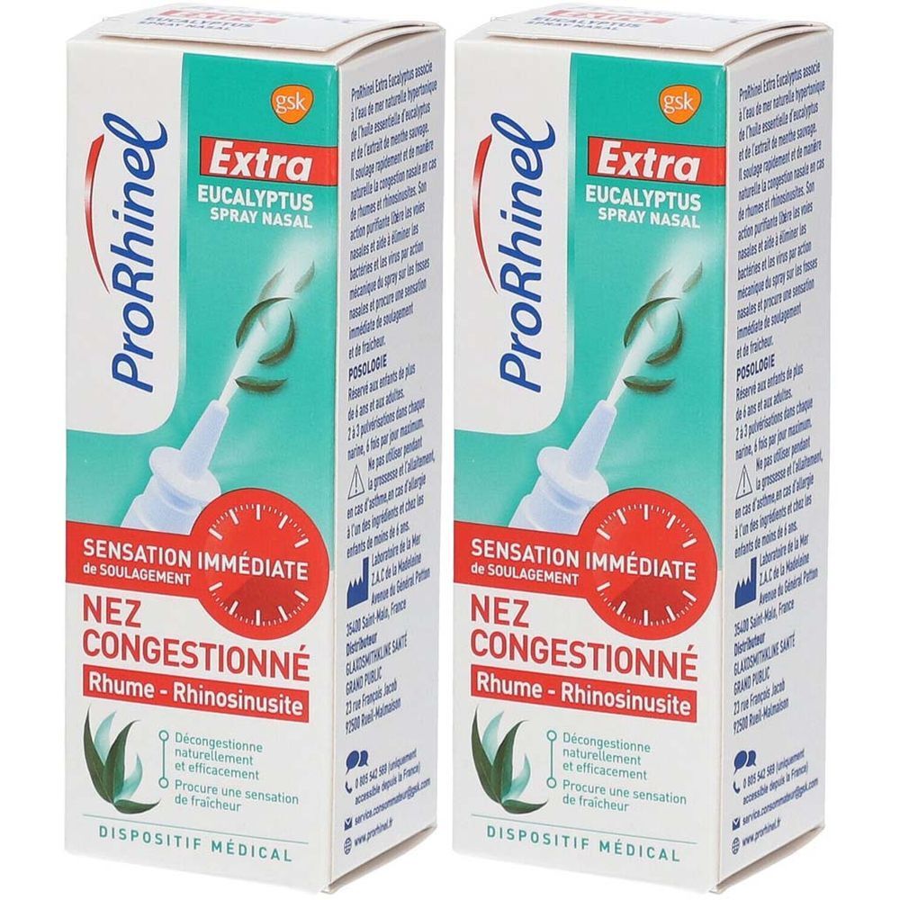Deux boîtes de ProRhinel Extra Eucalyptus Spray Nasal. Inscriptions : Extra, Eucalyptus Spray Nasal, Nez Congestionné, Rhume - Rhinosinusite.
