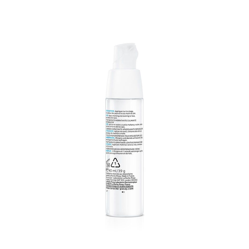 Dos d'un flacon de LA ROCHE-POSAY TOLERIANE DERMALLERGO FLUIDE. Texte avec instructions et informations. Flacon blanc.