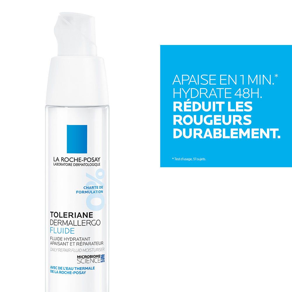 Flacon LA ROCHE-POSAY TOLERIANE DERMALLERGO FLUIDE. Texte : Apaise en 1 min., hydrate 48h, réduit les rougeurs durablement. Carré bleu.