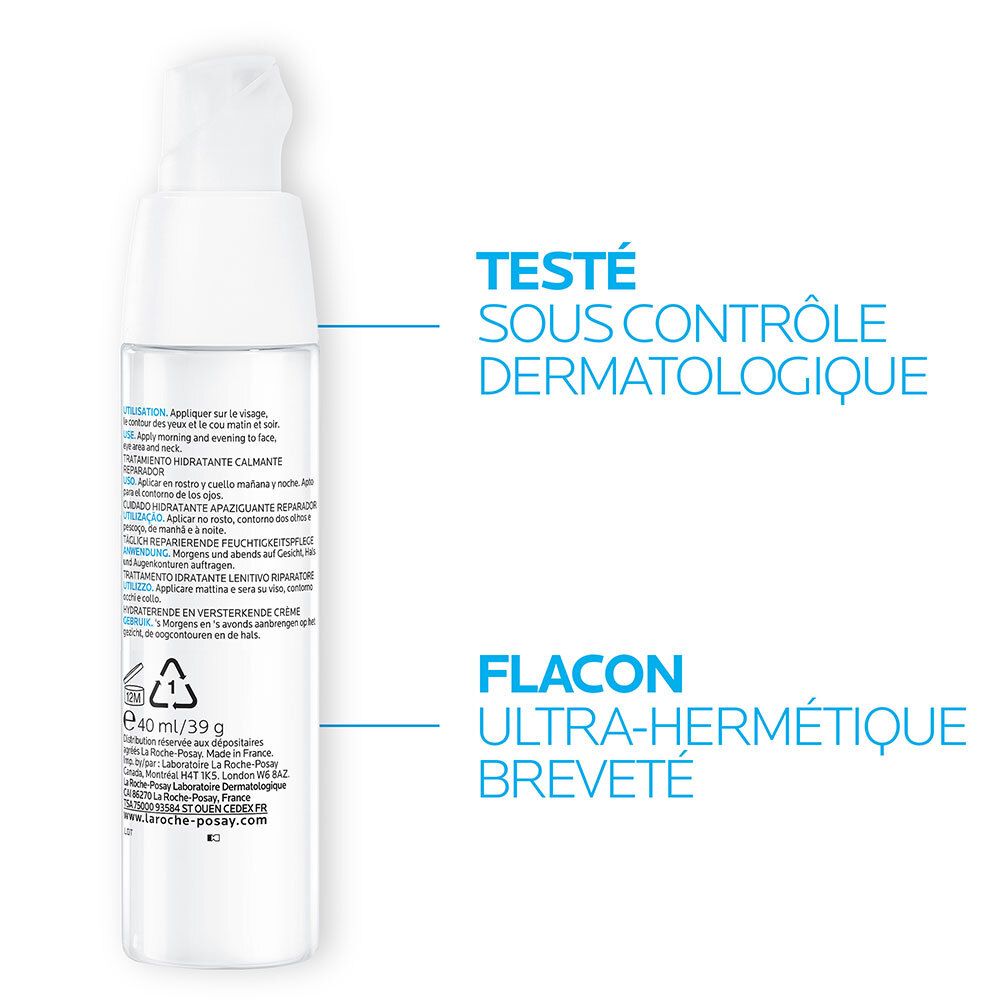 Dos d'un flacon LA ROCHE-POSAY TOLERIANE DERMALLERGO FLUIDE. Texte : Testé sous contrôle dermatologique. Flacon ultra-hermétique.