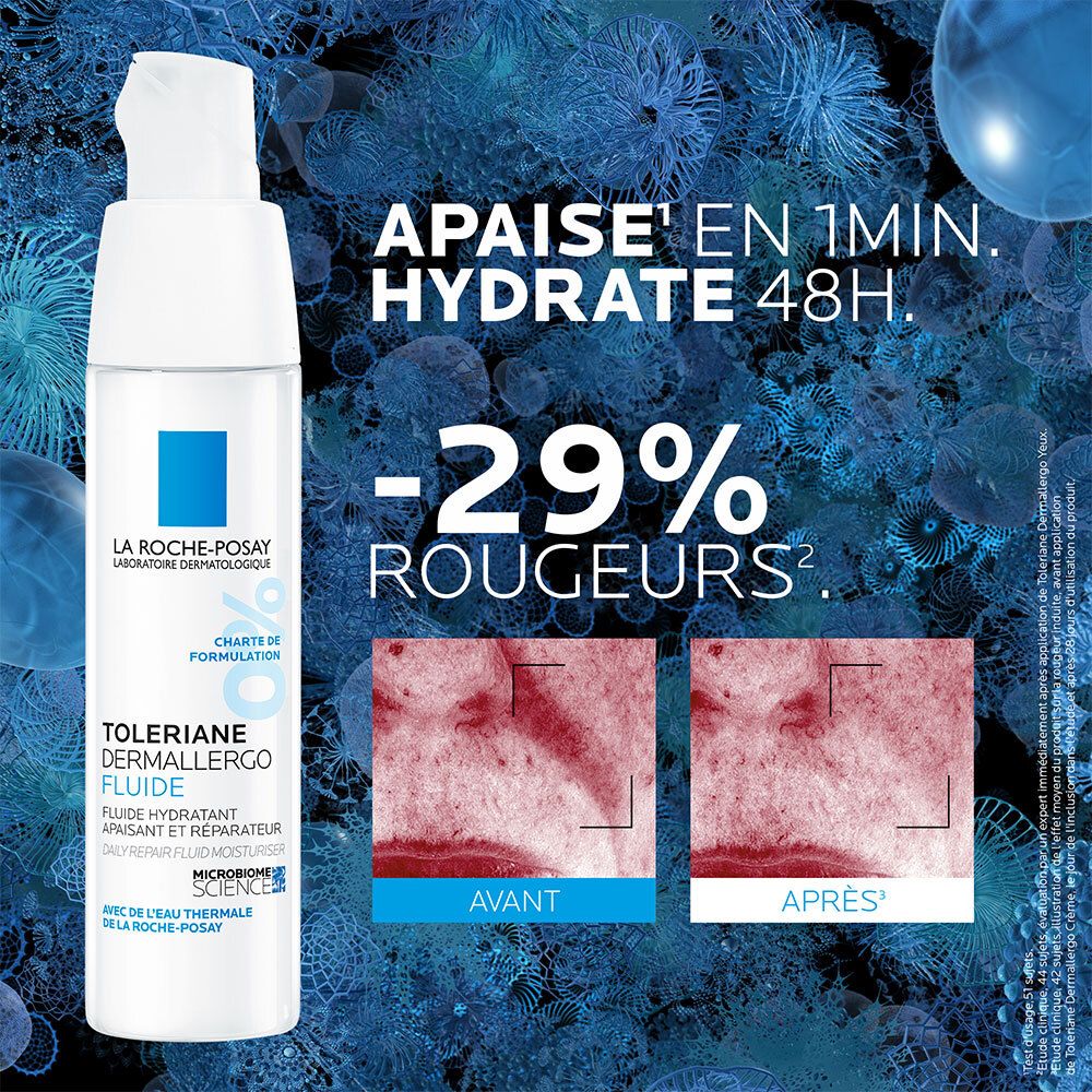 Flacon LA ROCHE-POSAY TOLERIANE DERMALLERGO FLUIDE. Texte : Apaise en 1 min., hydrate 48h, -29% rougeurs. Images avant/après.