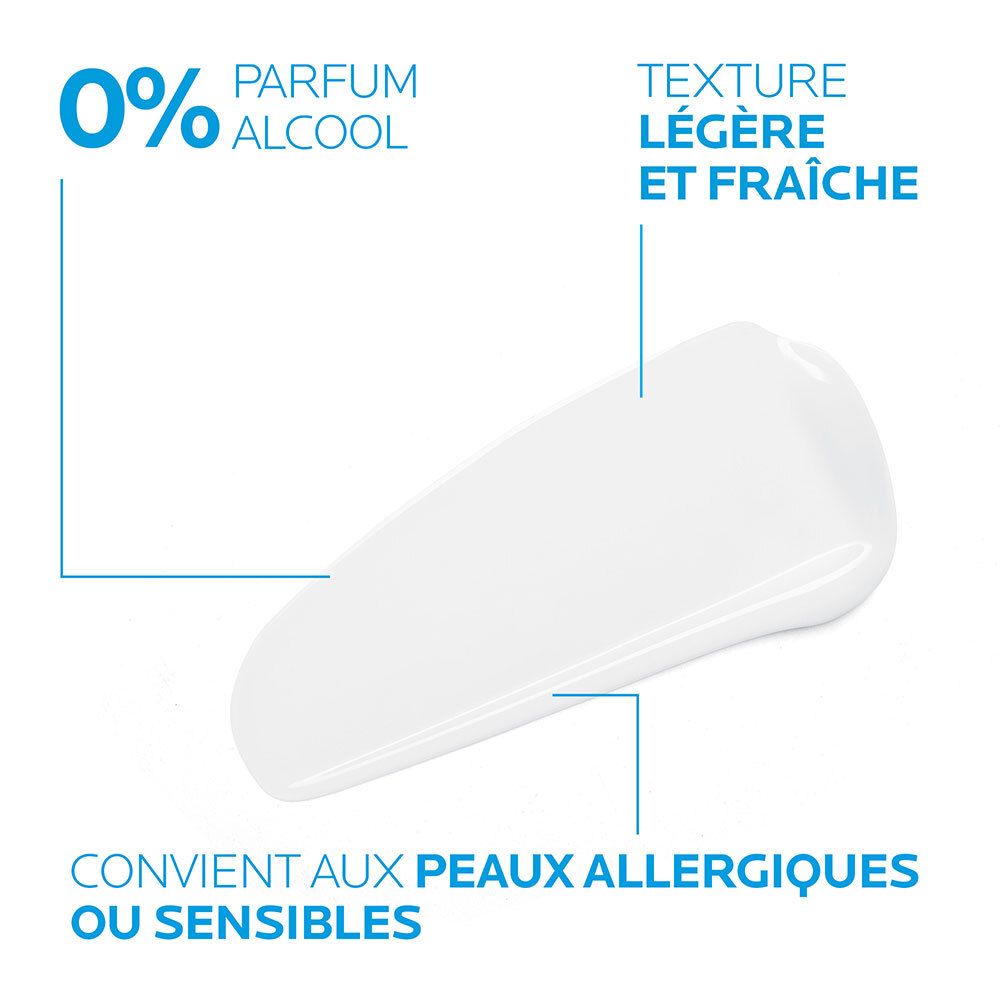 Texte : 0% parfum, alcool. Texture légère et fraîche. Convient aux peaux allergiques ou sensibles. Tache blanche.