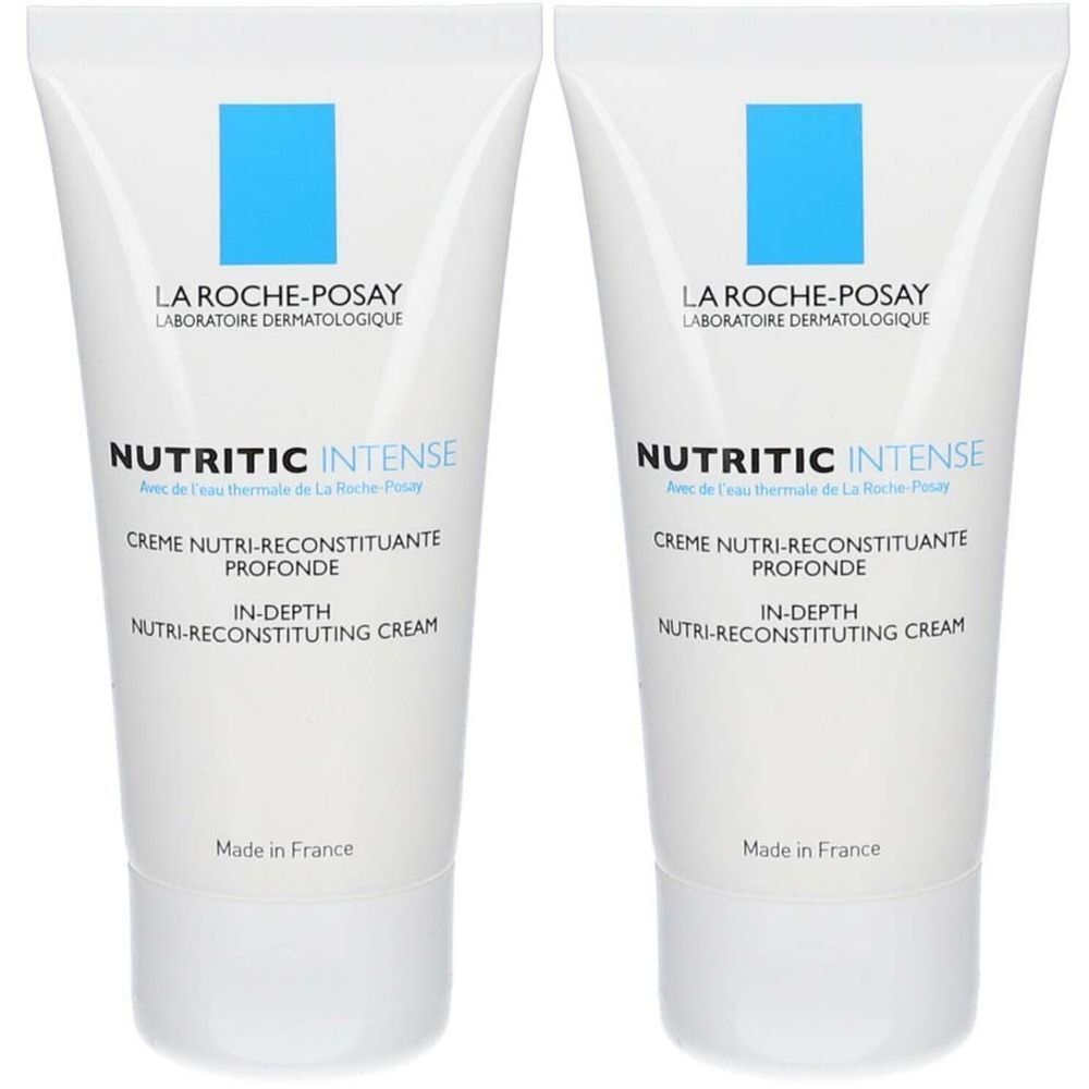 Deux tubes de crème. Inscription: LA ROCHE-POSAY, NUTRITIC INTENSE, Crème Nutri-Reconstituante Profonde, In-Depth Nutri-Reconstituting Cream. Fabriqué en France.