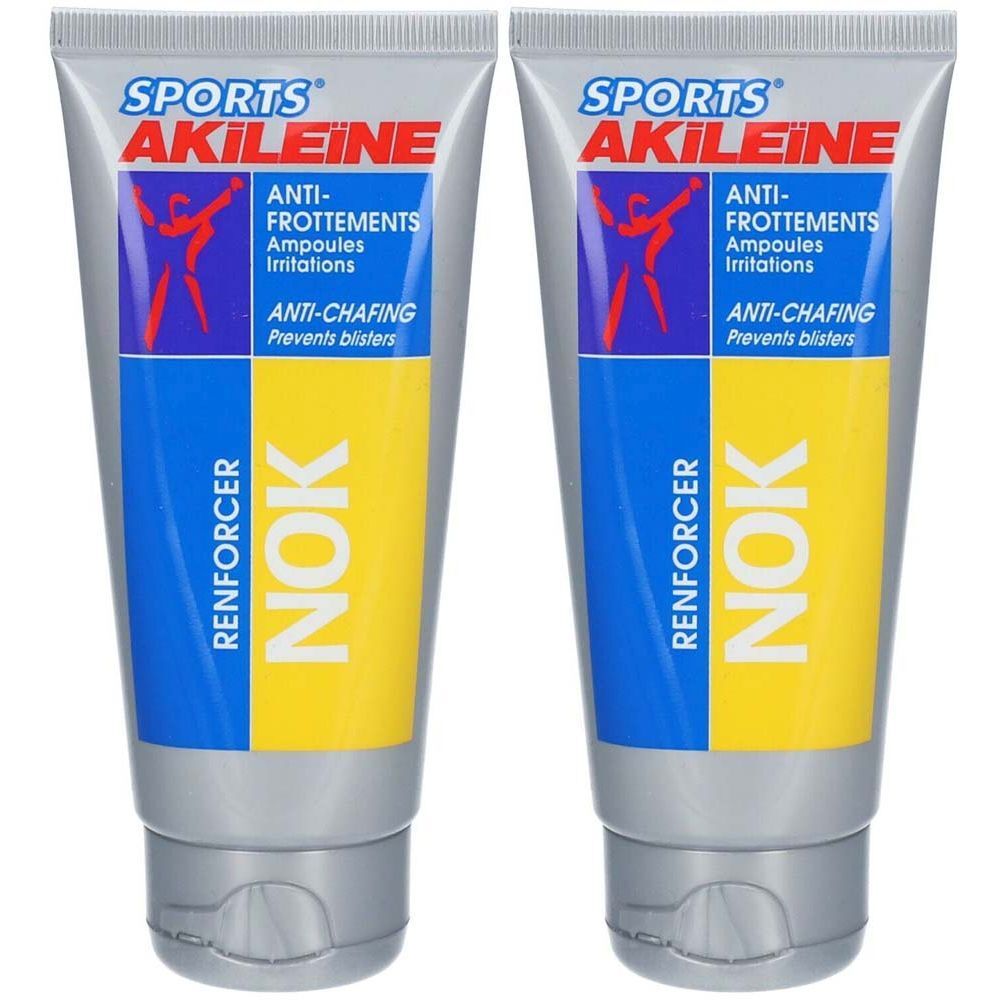 Deux tubes de crème. Inscription: SPORTS AKILEÏNE, ANTI-FROTTEMENTS, NOK. Prévient les ampoules.