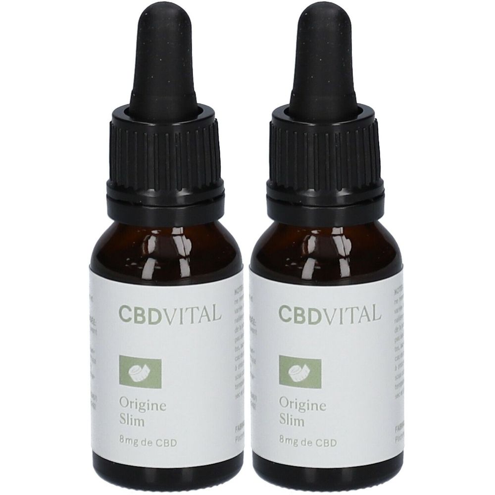 Deux flacons en verre brun avec pipettes noires. Les étiquettes indiquent CBDVITAL, Origine Slim et 8mg de CBD.