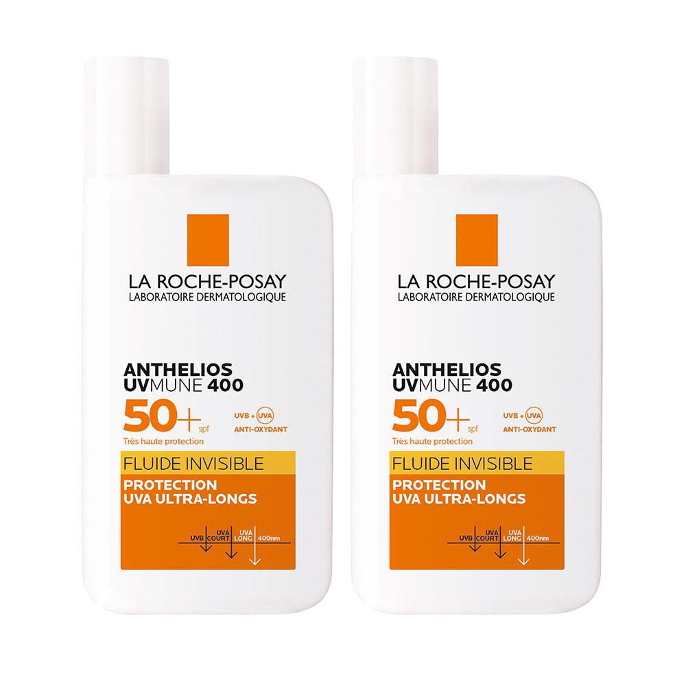 Deux flacons de LA ROCHE-POSAY ANTHELIOS UV MUNE 400, SPF 50+. Flacons blancs avec des accents orange.