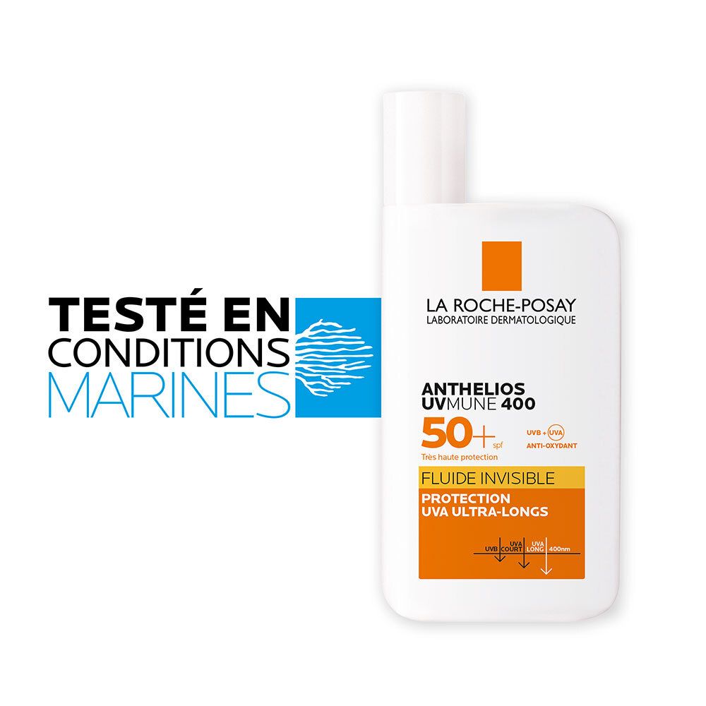 LA ROCHE-POSAY ANTHELIOS UV MUNE 400, SPF 50+. Flacon blanc avec détails orange. Texte: 'TESTÉ EN CONDITIONS MARINES'.