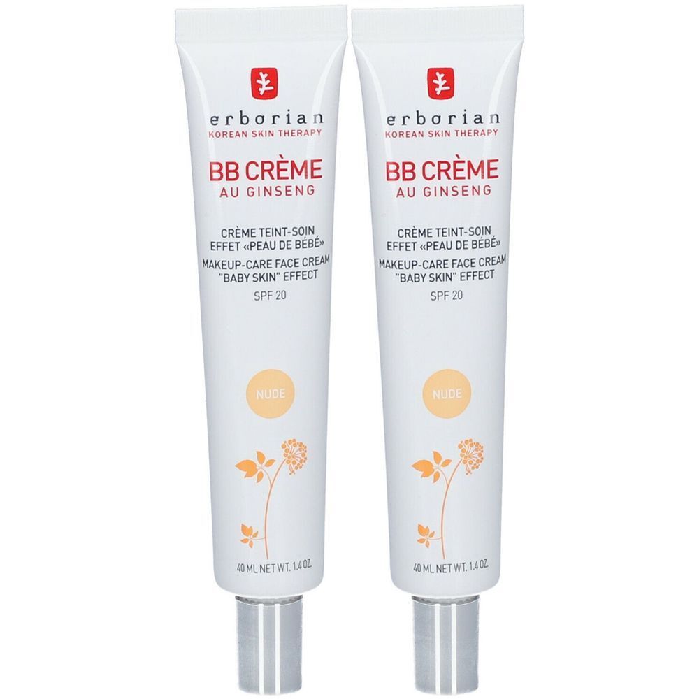 Deux tubes de BB Crème au Ginseng. Tubes blancs avec logo rouge et texte. Contient SPF 20. Inscription : Nude.