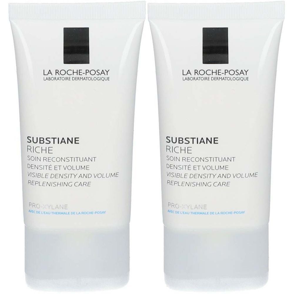 Deux tubes blancs avec texte. En haut, "LA ROCHE-POSAY". En dessous, "SUBSTIANE RICHE".