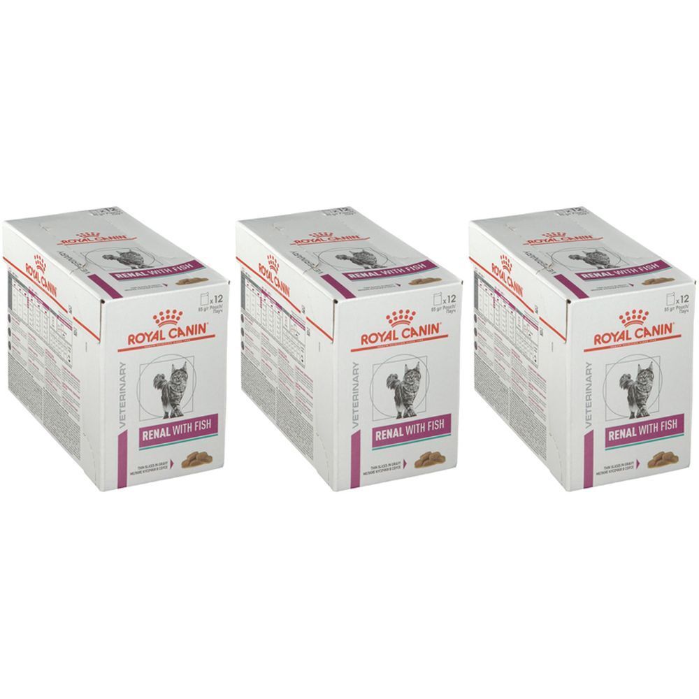 Drei Kartons Royal Canin Nierentabletten. Weiß mit lila Akzenten. Aufdruck: Katze, Fisch, "Renal with Fish".