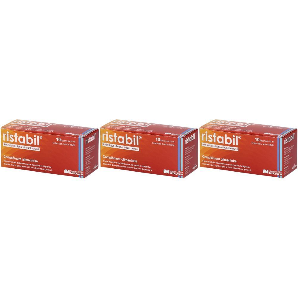 Trois boîtes Ristabil. Emballage rouge avec texte blanc. Inscription: "Complément alimentaire".