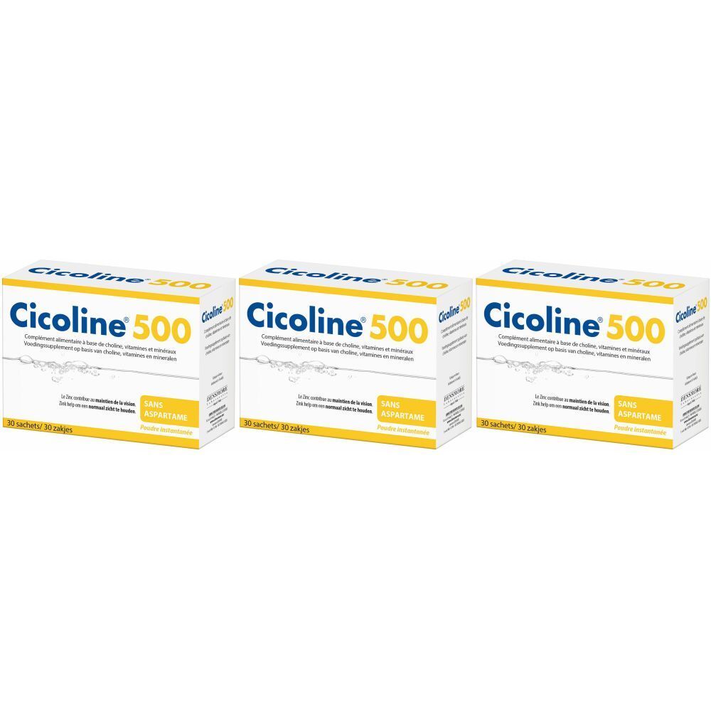 Drei Schachteln Cicoline 500. Weiße Verpackung mit gelben und blauen Akzenten. Aufschrift Cicoline 500. Enthält 30 Sachets.