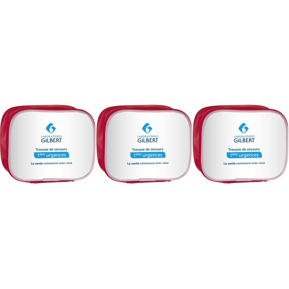Trois trousses de secours rouges et blanches. Inscription "Laboratoires Gilbert" et "1ère urgences" sur le devant.