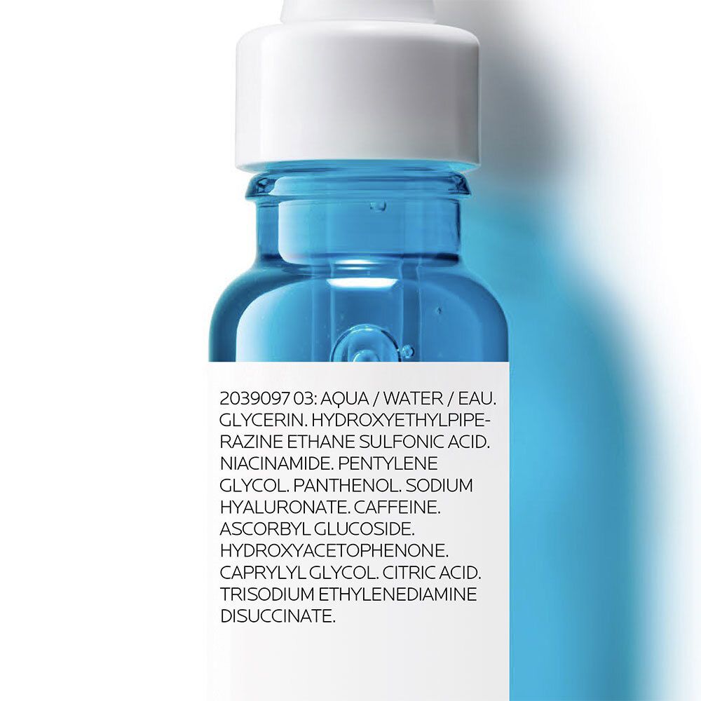Gros plan sur les ingrédients de LA ROCHE POSAY HYALU B5 Sérum Yeux. Texte sur fond blanc.