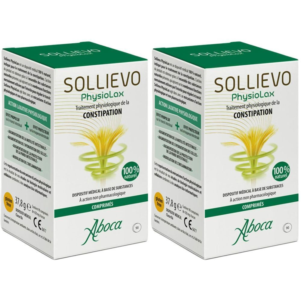 Deux boîtes carrées SOLLIEVO PhysioLax. Texte: Traitement de la constipation. 100% naturel. Marque Aboca.