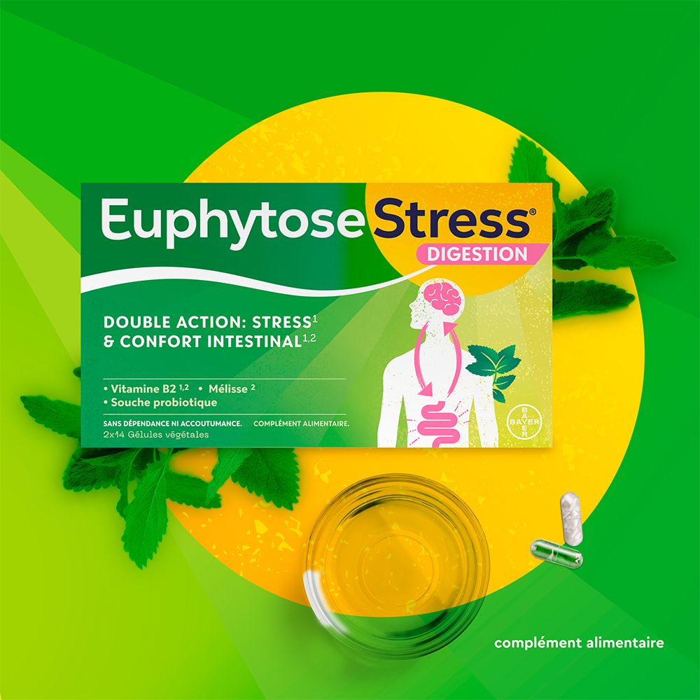 Boîte de EuphytoseStress® Digestion. Contient des gélules. Inscription : Double action : Stress & confort intestinal. Avec vitamine B2, mélisse et probiotiques.