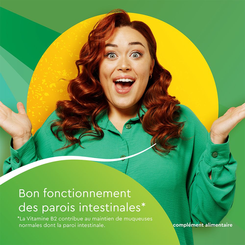 Femme bouche ouverte. Texte : Bon fonctionnement des parois intestinales. Texte sur l'action de la vitamine B2.
