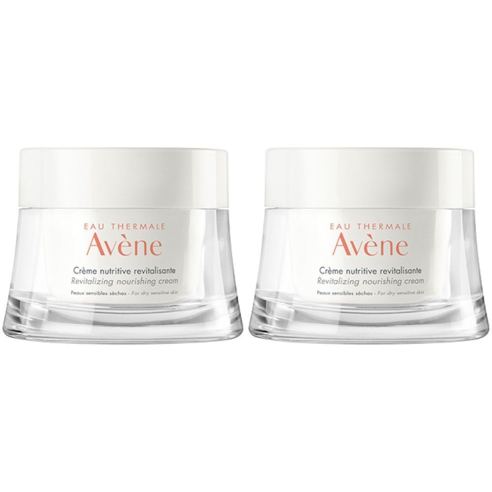 Zwei Cremetiegel mit weißem Deckel und transparentem Glas. Aufschrift: Eau Thermale Avène, Crème nutritive revitalisante.