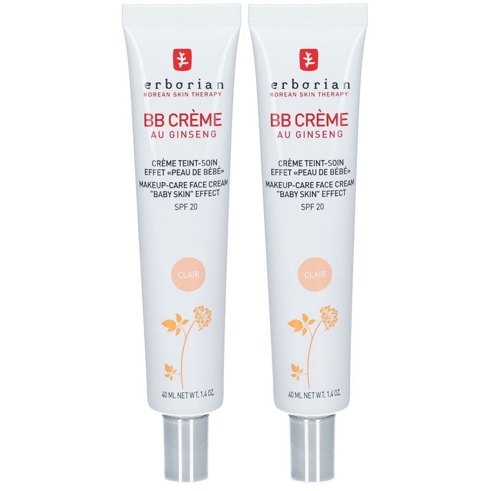 Deux tubes de BB Crème, blancs avec bouchon argenté. Inscription: BB Crème au Ginseng, SPF 20, Clair.
