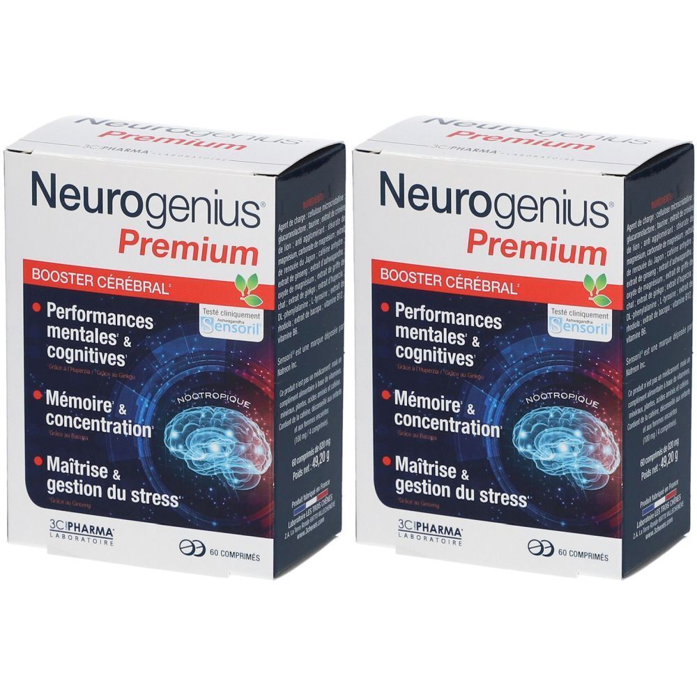 Deux boîtes de Neurogenius Premium. Inscription : Booster Cérébral, Performances mentales & cognitives, Mémoire & concentration, Maîtrise & gestion du stress.