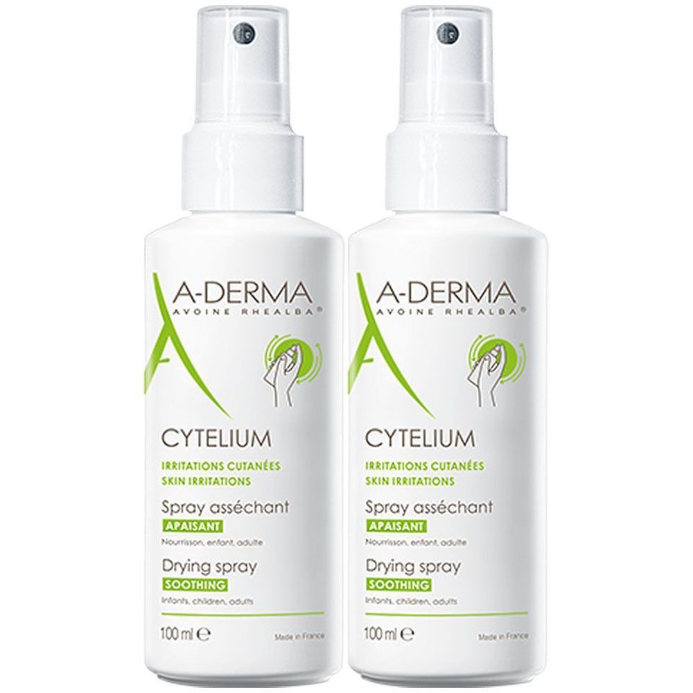 Deux flacons spray blancs avec inscriptions vertes. Inscriptions: A-DERMA CYTELIUM, Spray asséchant, Drying spray. 100 ml.