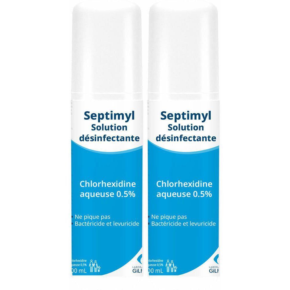 Deux flacons de Septimyl Solution Désinfectante. Inscription: Chlorhexidine aqueuse 0,5%. Bactéricide et levuricide.