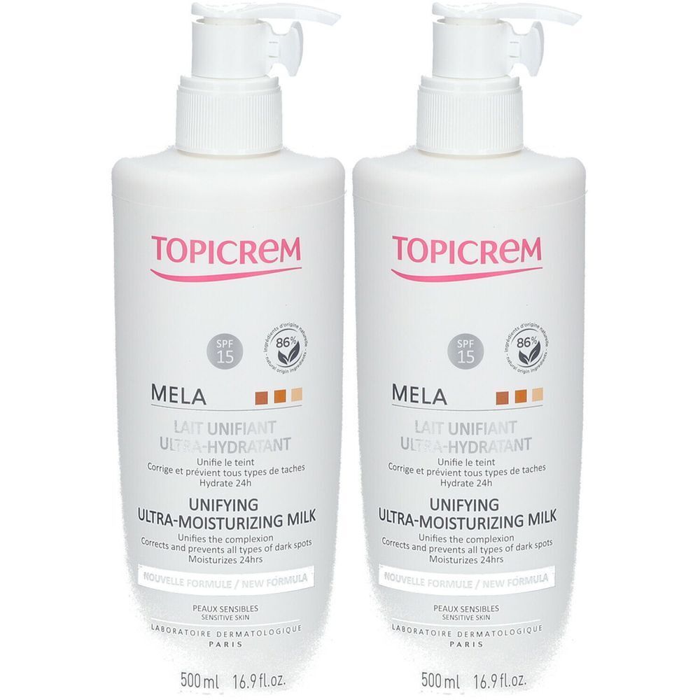 Deux flacons blancs avec pompe. Inscriptions TOPICREM, MELA, SPF 15, UNIFYING ULTRA-MOISTURIZING MILK. 500 ml.