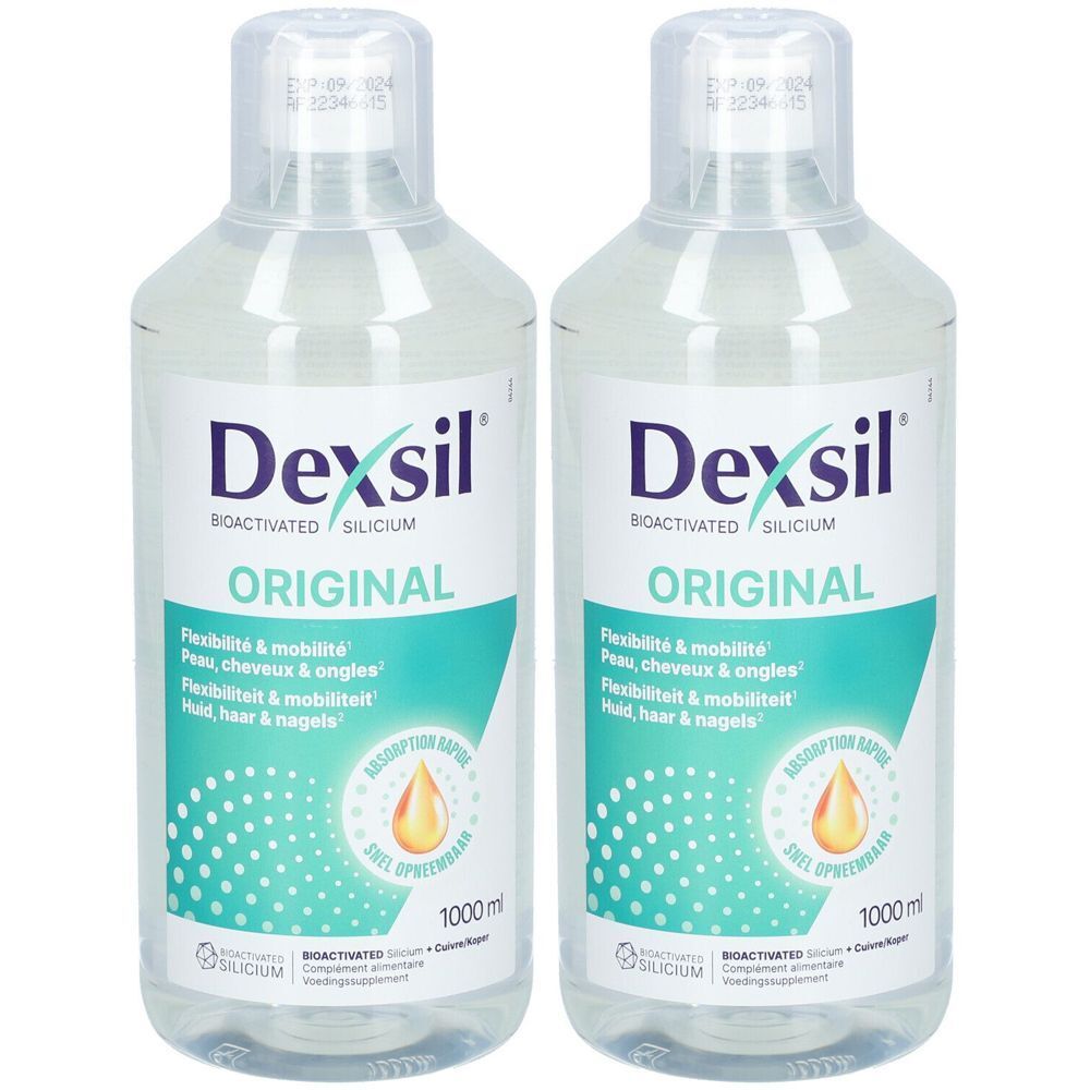 Deux flacons de Dexsil Original. Liquide clair dans des bouteilles transparentes avec une étiquette blanche. Texte: Flexibilité & mobilité, 1000 ml.